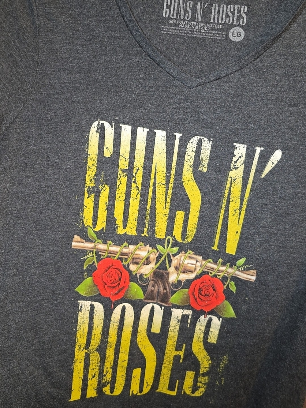 Guns N' Roses Women's V-Neck Graphic Tee - Charcoal with Yellow & Red